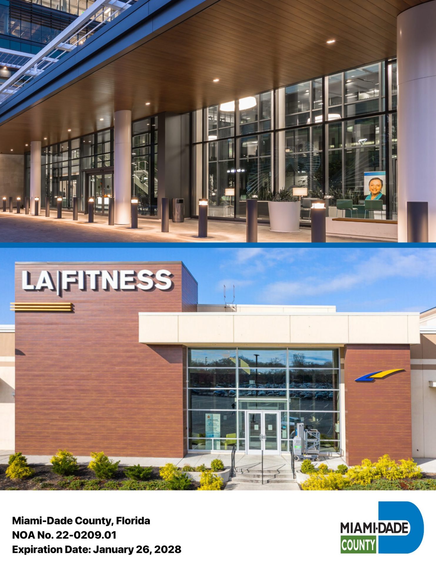image of two buildings using Longboard aluminum products with Miami-Dade logo and description